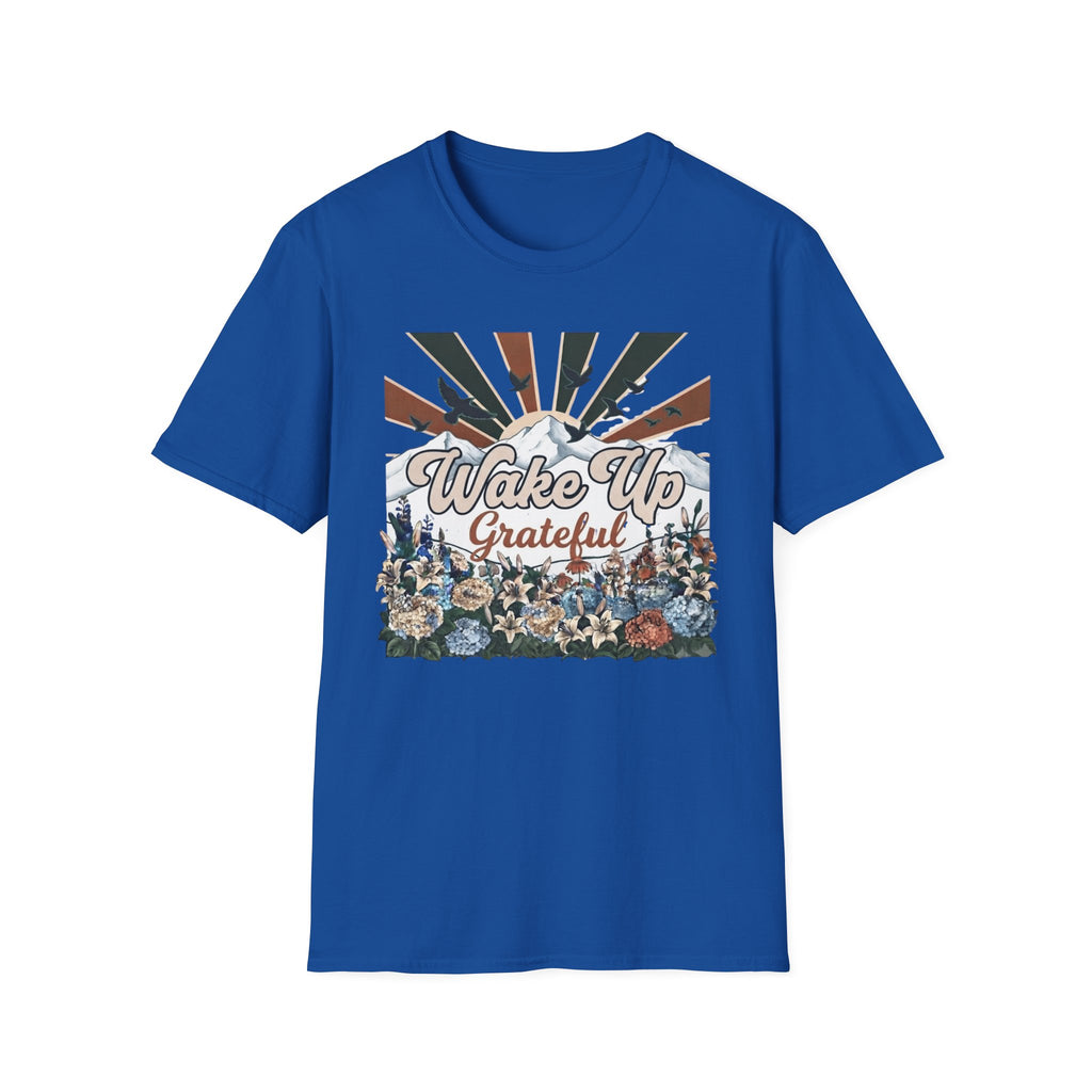 Wake Up Grateful T-Shirt — Birds Sun Mountain (86)