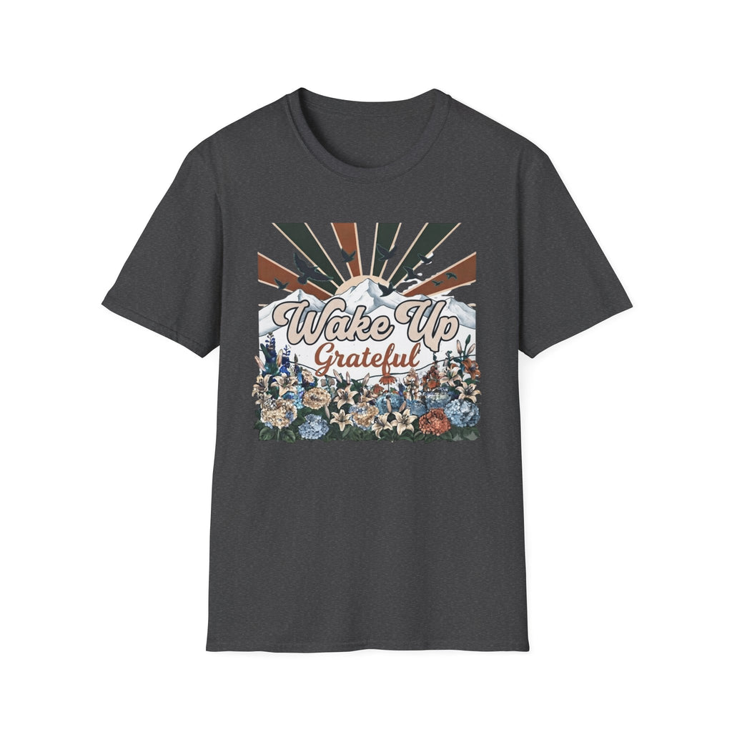 Wake Up Grateful T-Shirt — Birds Sun Mountain (86)