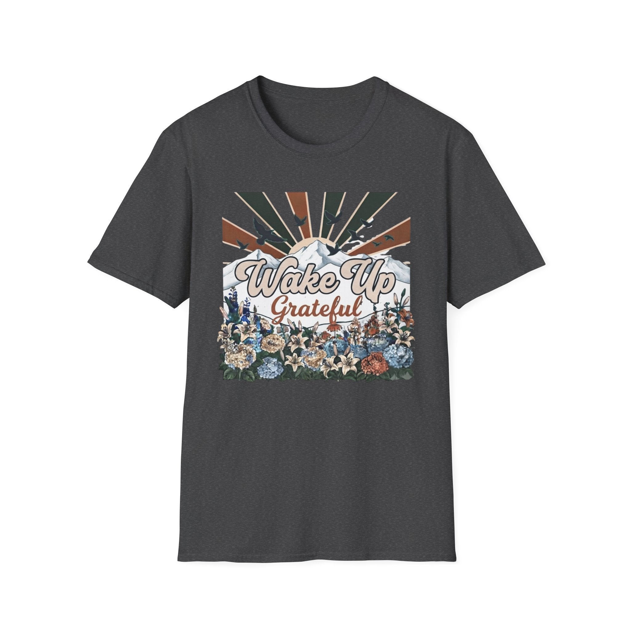 Wake Up Grateful T-Shirt — Birds Sun Mountain (86)