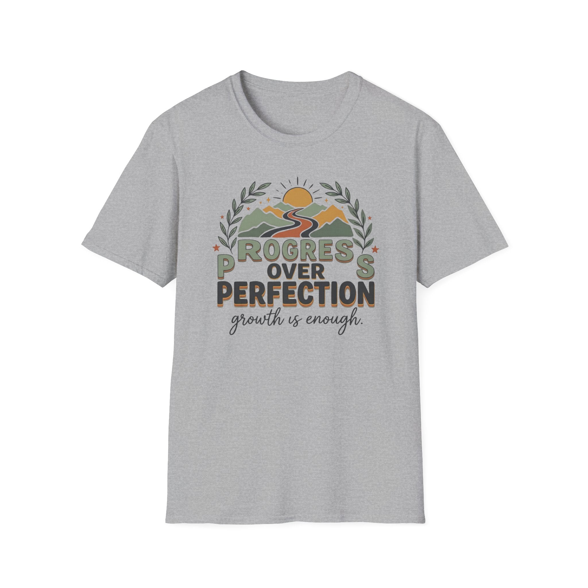 Progress Over Perfection T-Shirt — Road Mountain & Sun (31)