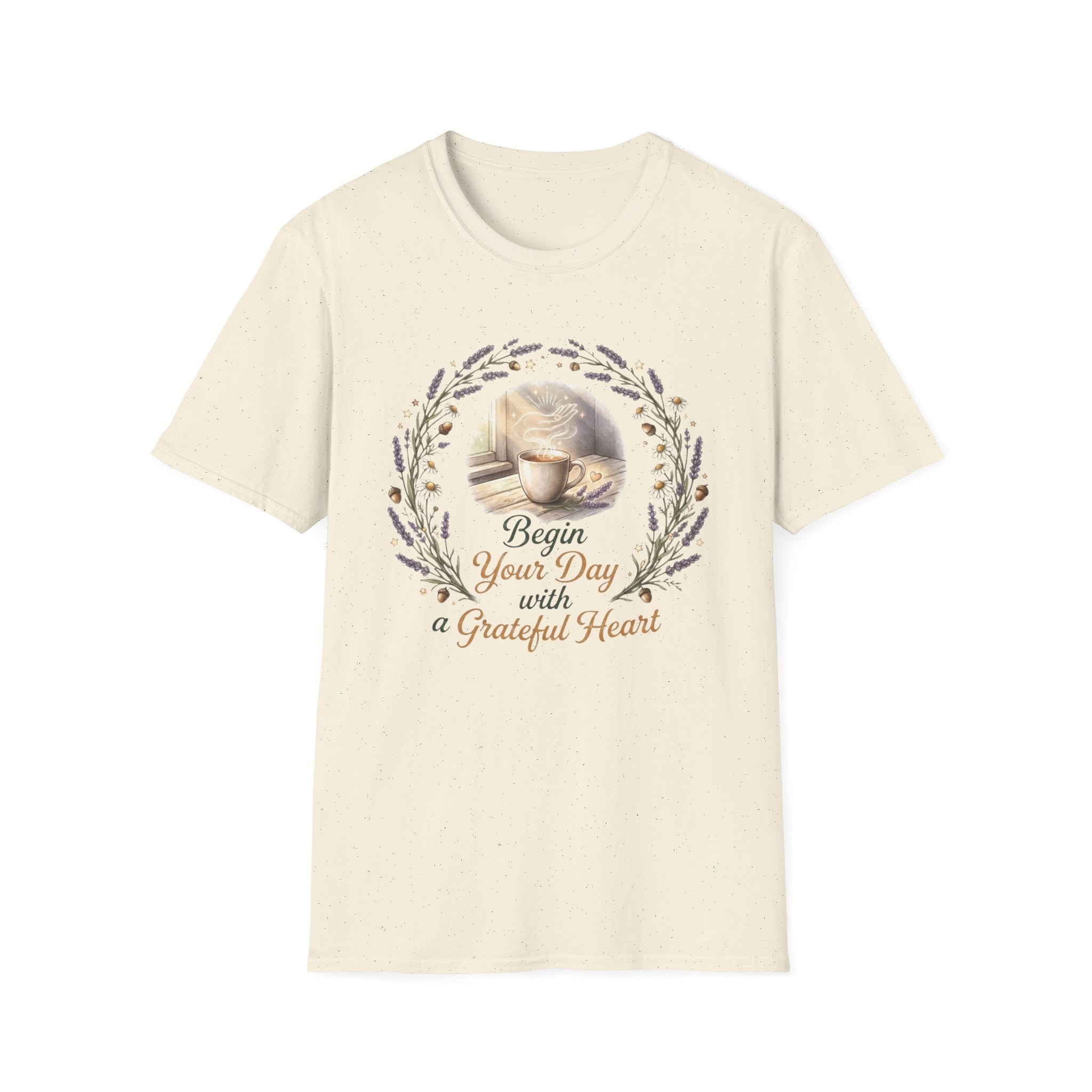 Begin Your Day With A Grateful Heart T-Shirt — Lavender Acorns (98)