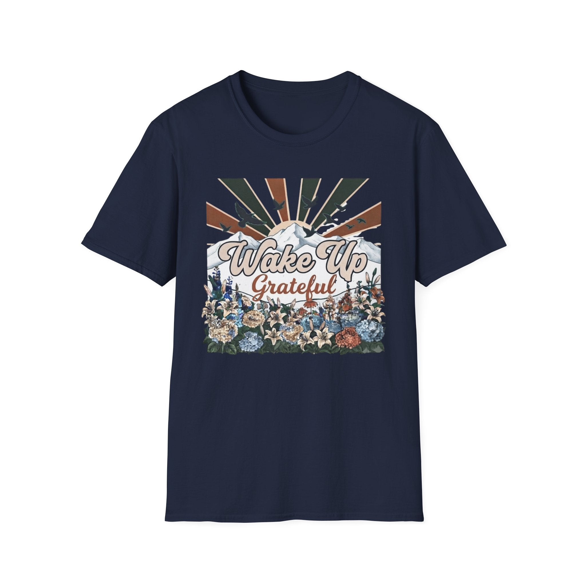 Wake Up Grateful T-Shirt — Birds Sun Mountain (86)