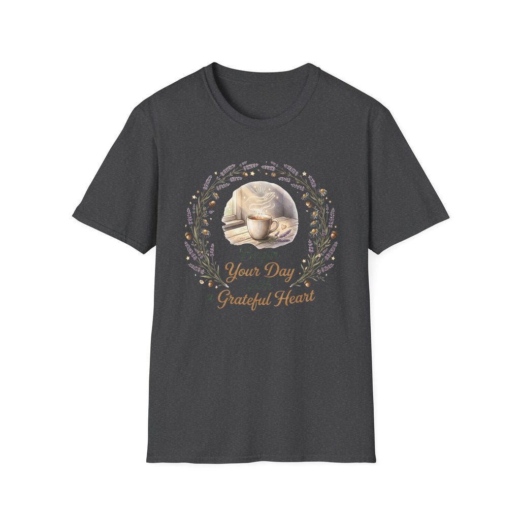 Begin Your Day With A Grateful Heart T-Shirt — Lavender Acorns (98)