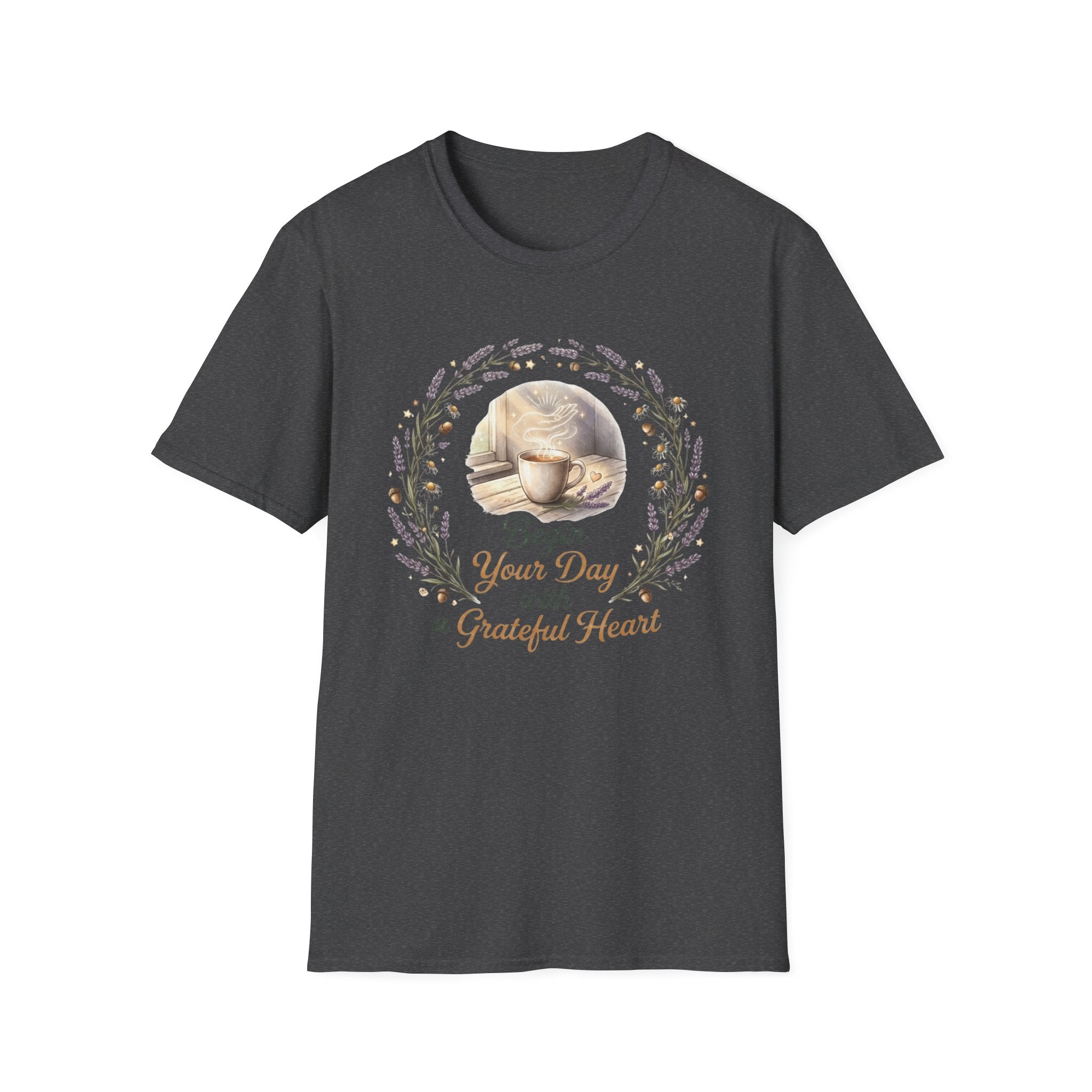 Begin Your Day With A Grateful Heart T-Shirt — Lavender Acorns (98)