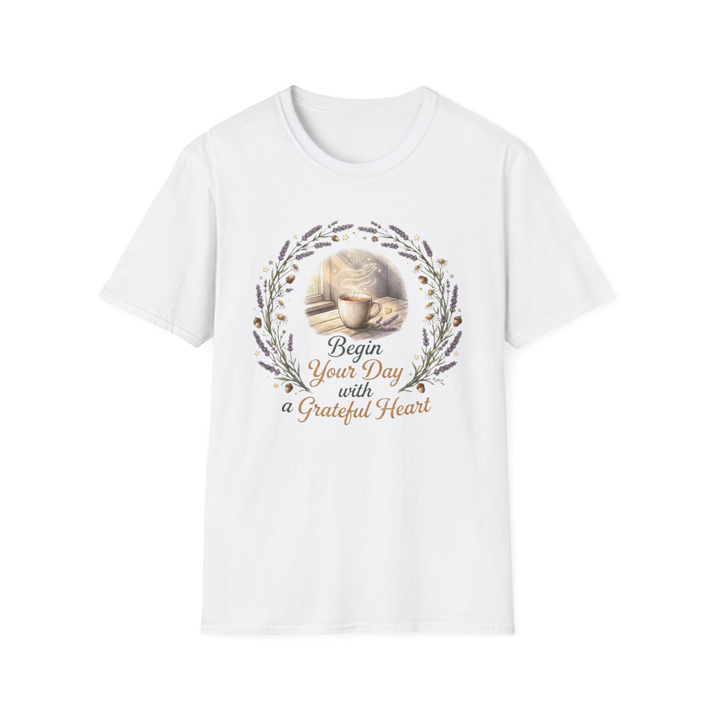 Begin Your Day With A Grateful Heart T-Shirt — Lavender Acorns (98)