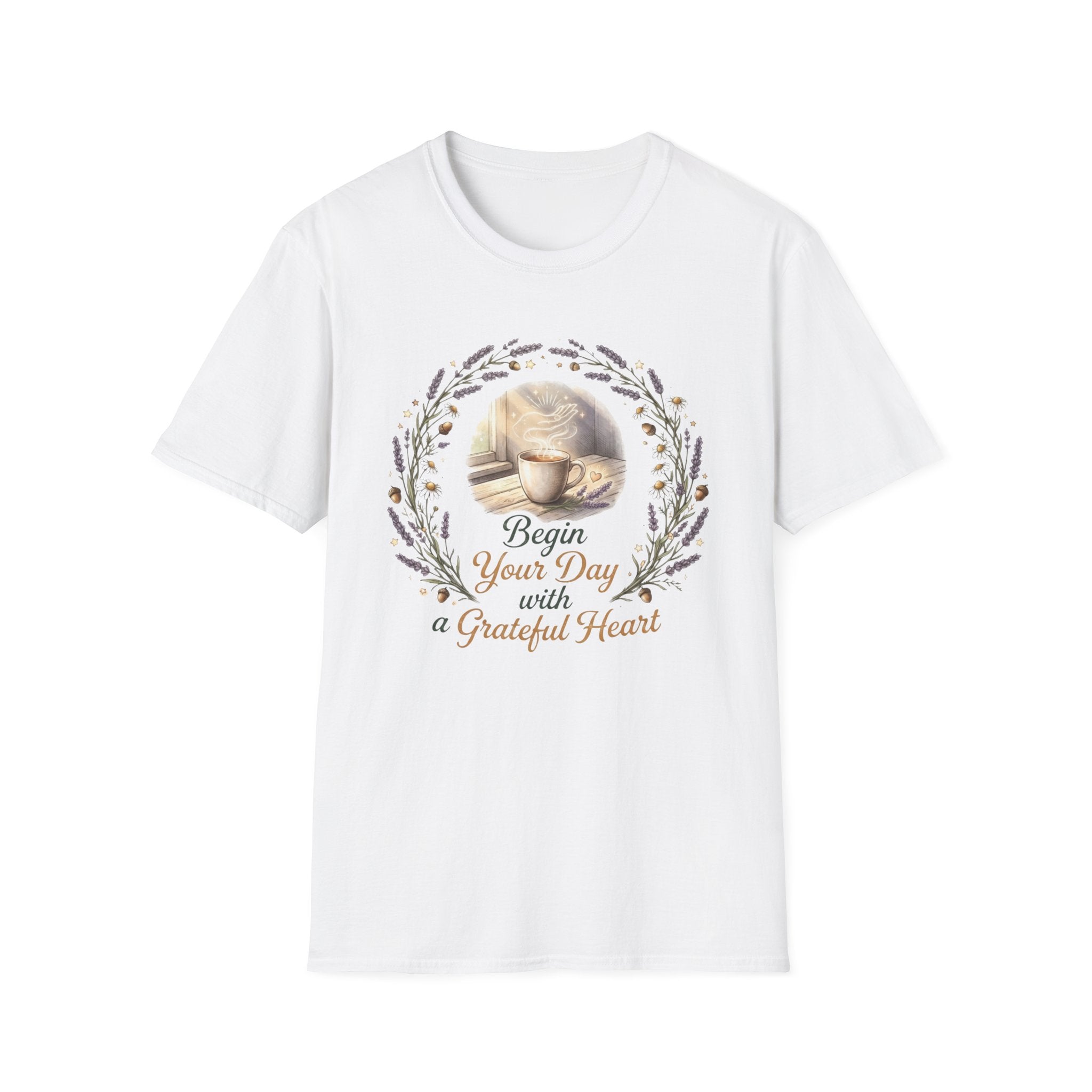 Begin Your Day With A Grateful Heart T-Shirt — Lavender Acorns (98)