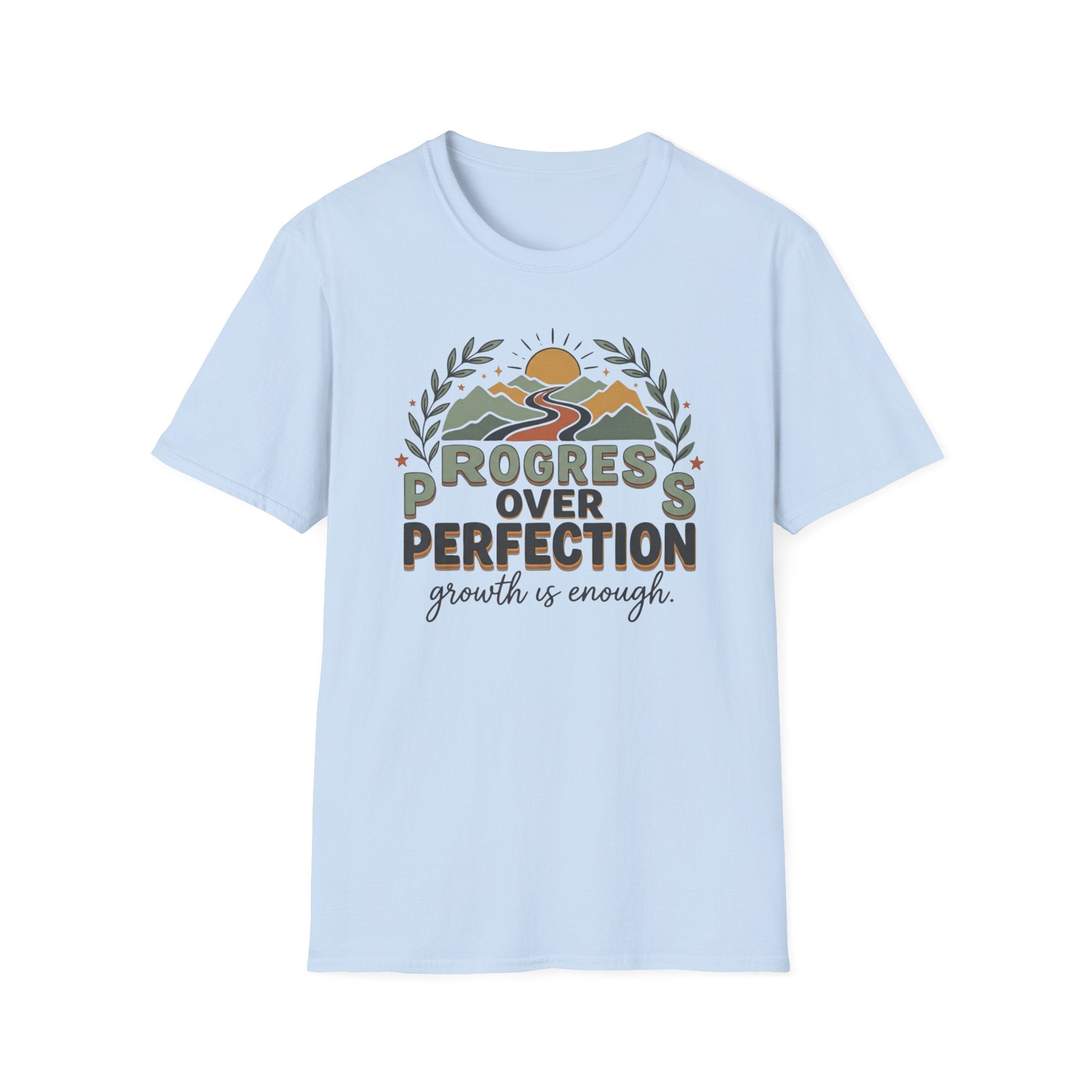 Progress Over Perfection T-Shirt — Road Mountain & Sun (31)