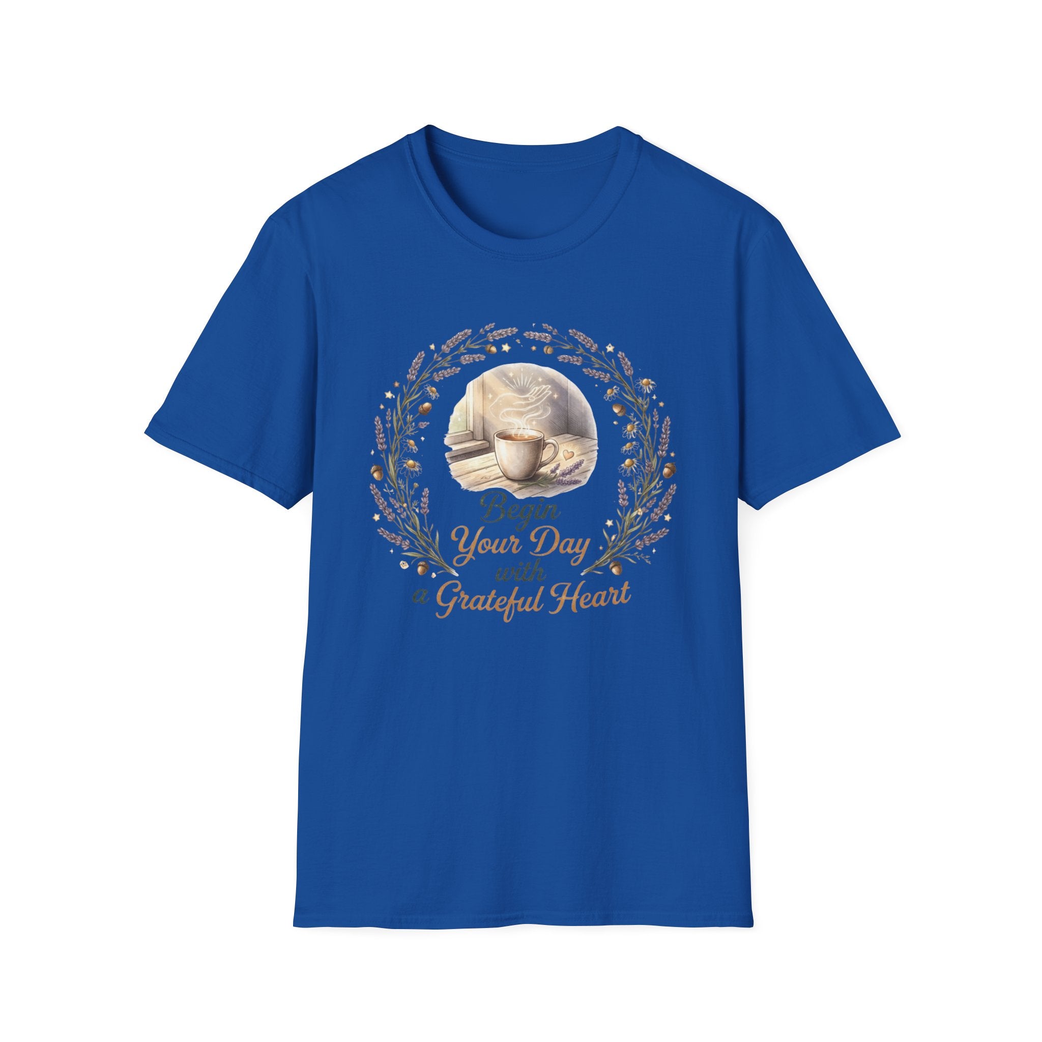 Begin Your Day With A Grateful Heart T-Shirt — Lavender Acorns (98)
