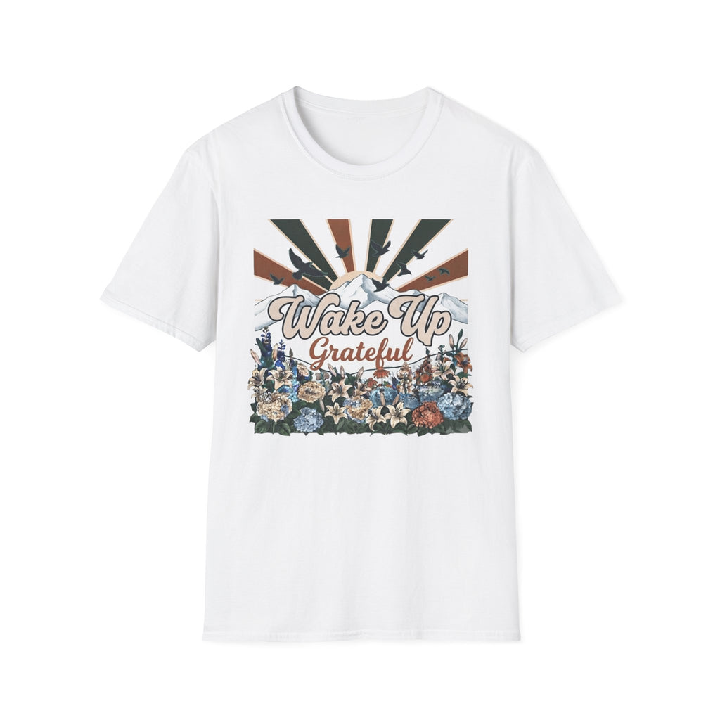 Wake Up Grateful T-Shirt — Birds Sun Mountain (86)