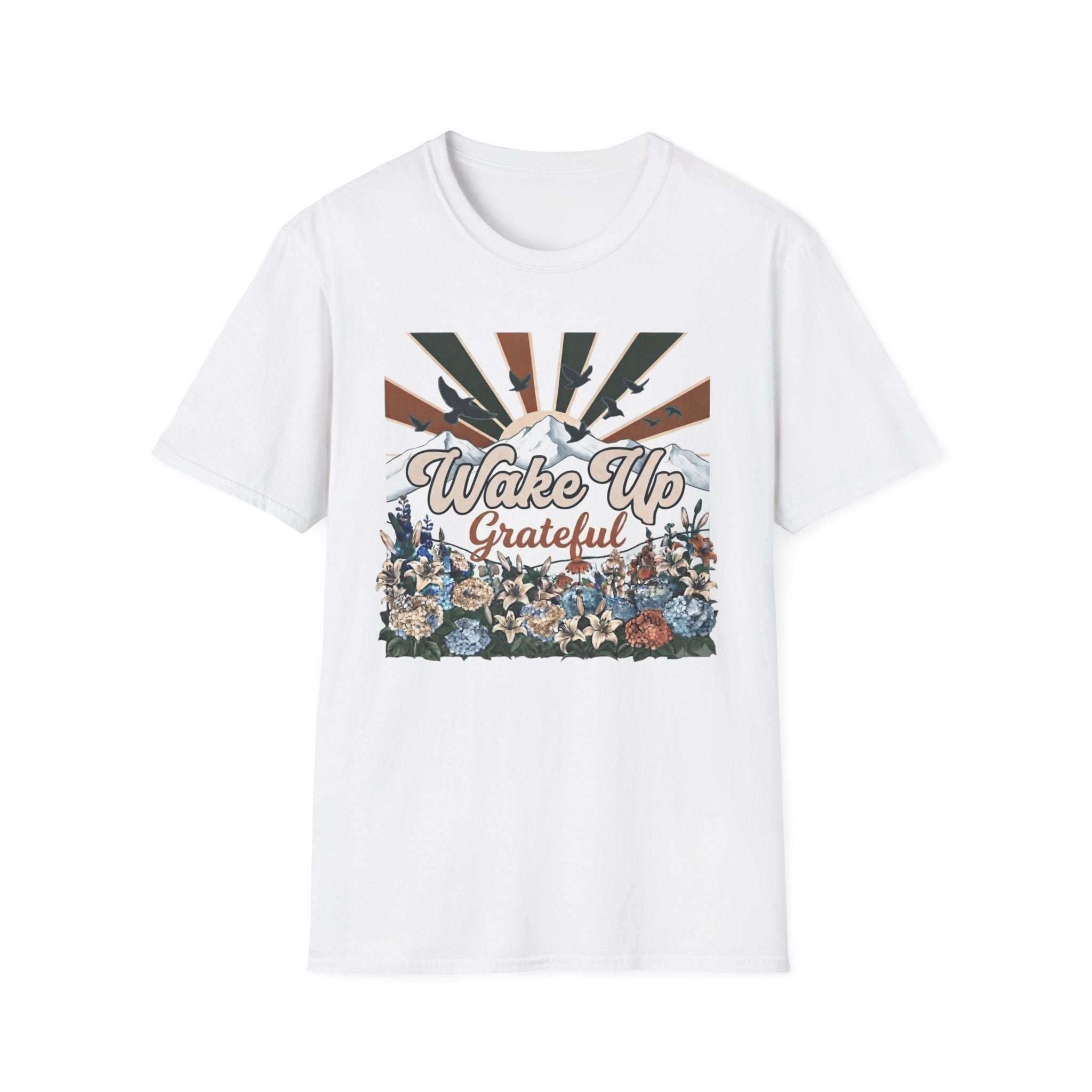 Wake Up Grateful T-Shirt — Birds Sun Mountain (86)