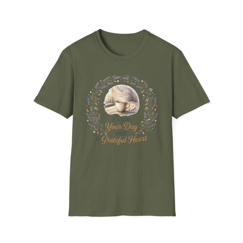 Begin Your Day With A Grateful Heart T-Shirt — Lavender Acorns (98)