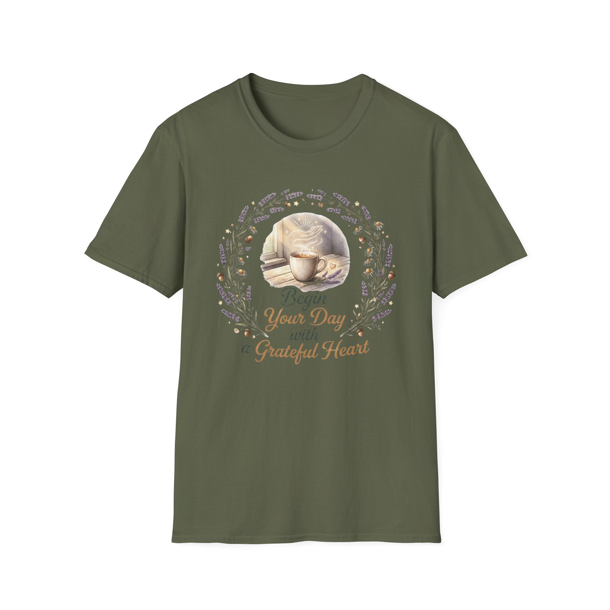 Begin Your Day With A Grateful Heart T-Shirt — Lavender Acorns (98)