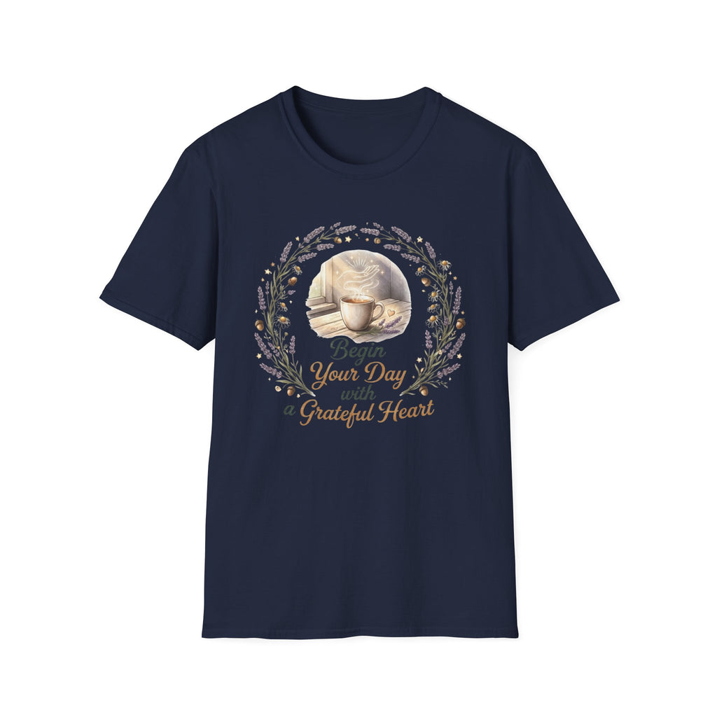 Begin Your Day With A Grateful Heart T-Shirt — Lavender Acorns (98)