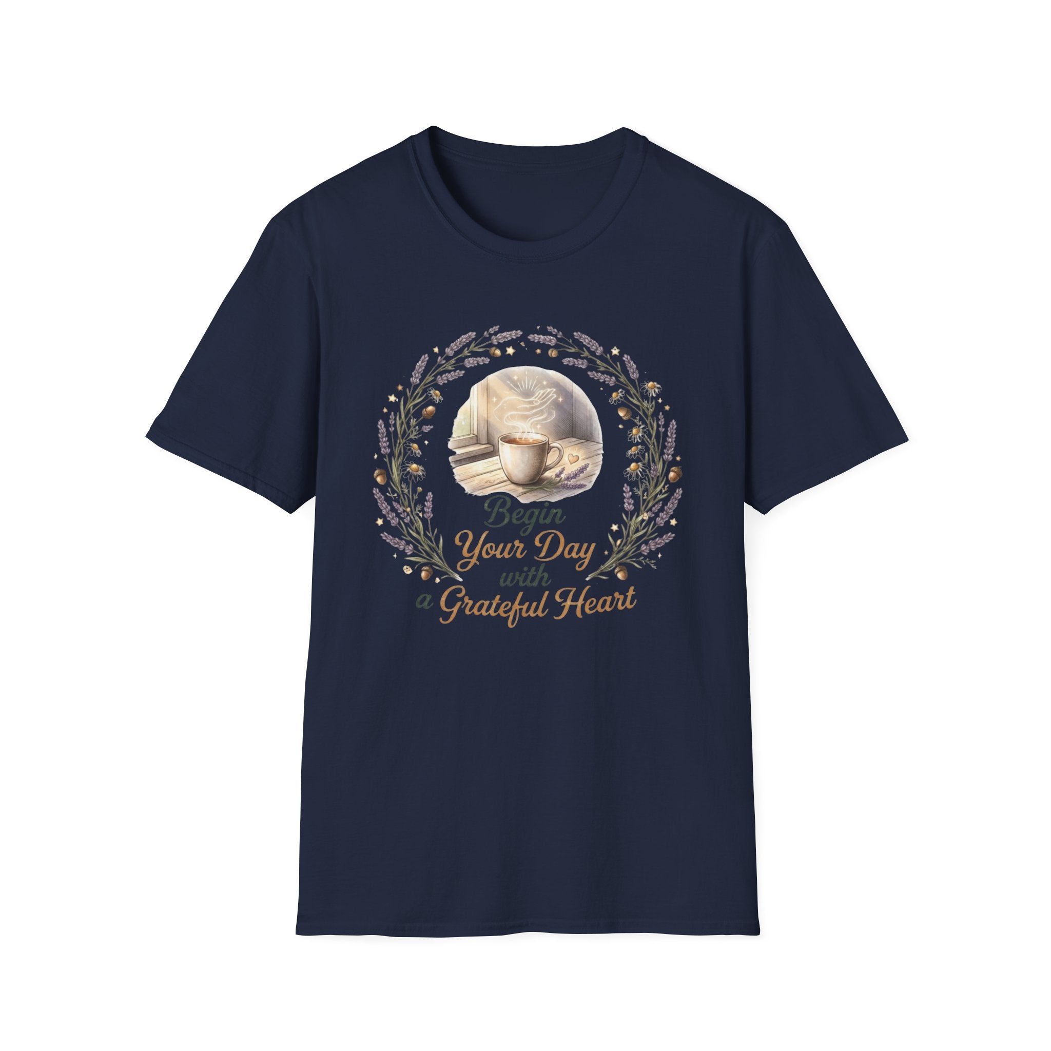 Begin Your Day With A Grateful Heart T-Shirt — Lavender Acorns (98)