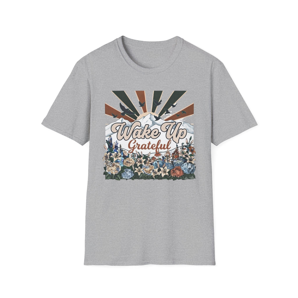 Wake Up Grateful T-Shirt — Birds Sun Mountain (86)