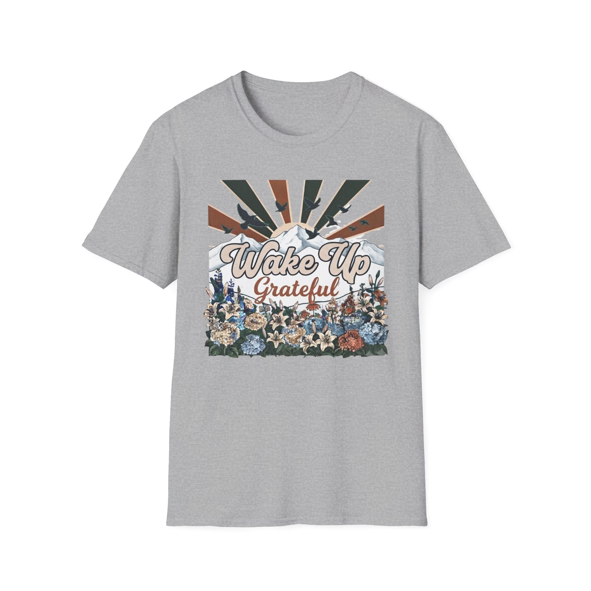 Wake Up Grateful T-Shirt — Birds Sun Mountain (86)