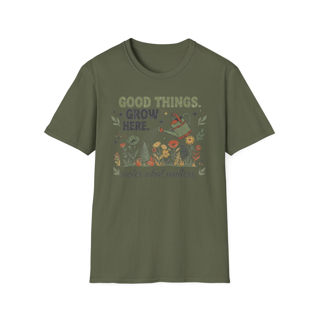 Good Things Grow Here T-Shirt — Watering Can Flowers (36)