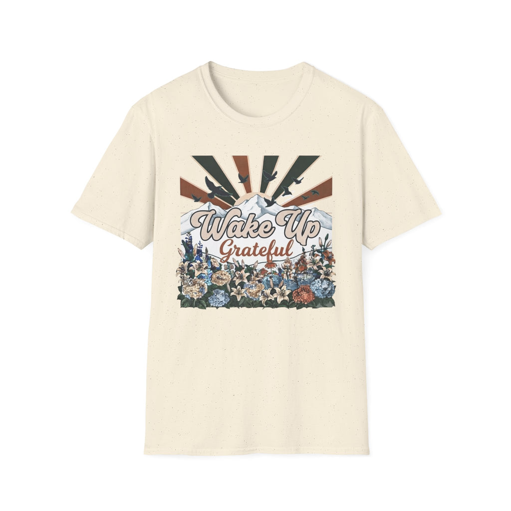 Wake Up Grateful T-Shirt — Birds Sun Mountain (86)