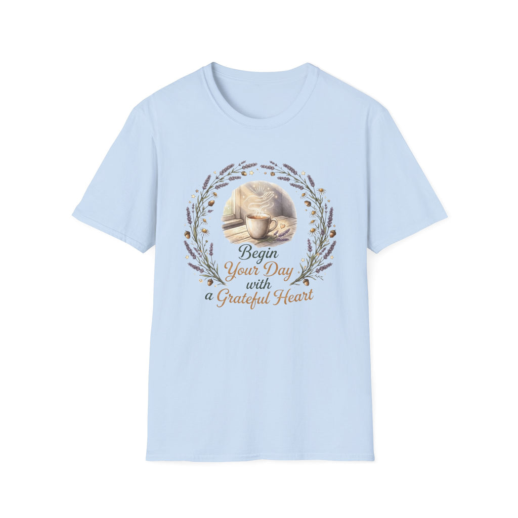 Begin Your Day With A Grateful Heart T-Shirt — Lavender Acorns (98)