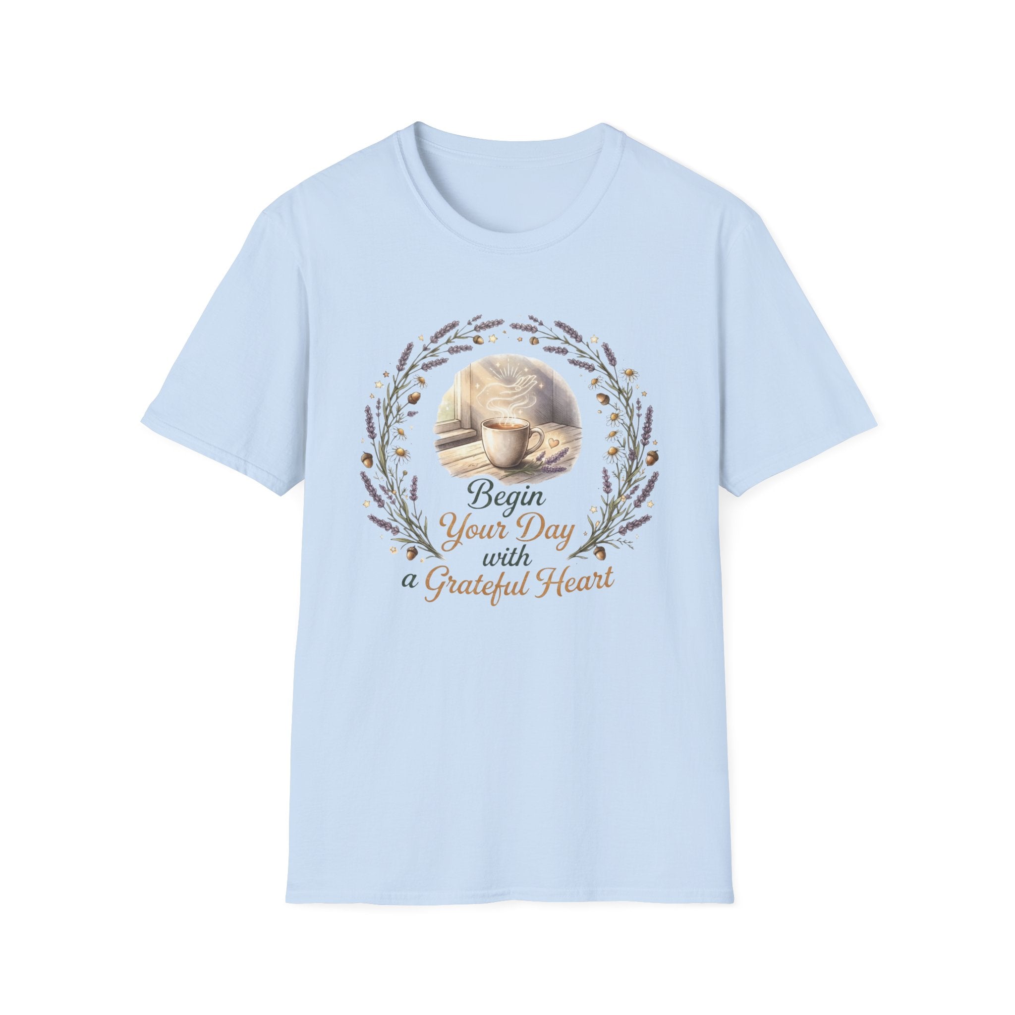 Begin Your Day With A Grateful Heart T-Shirt — Lavender Acorns (98)