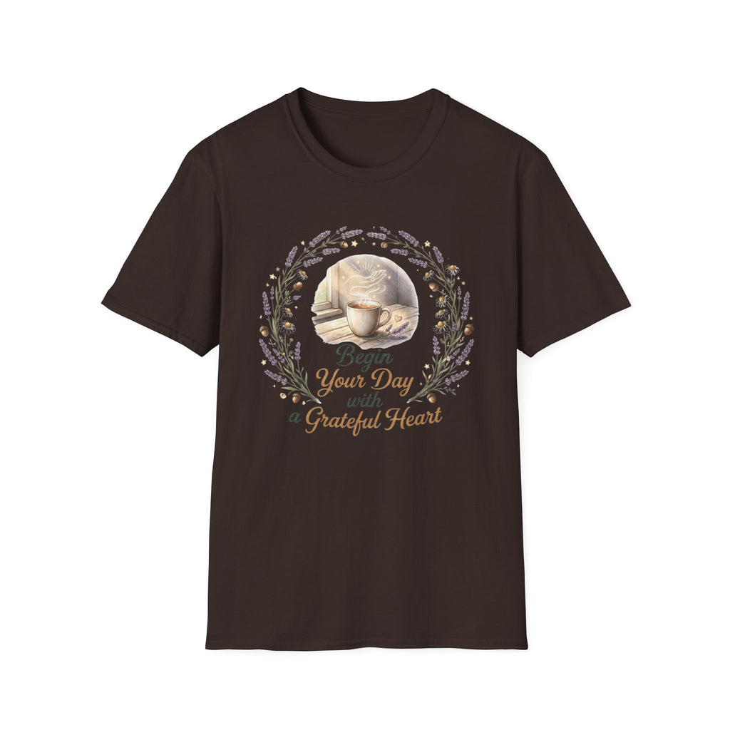 Begin Your Day With A Grateful Heart T-Shirt — Lavender Acorns (98)
