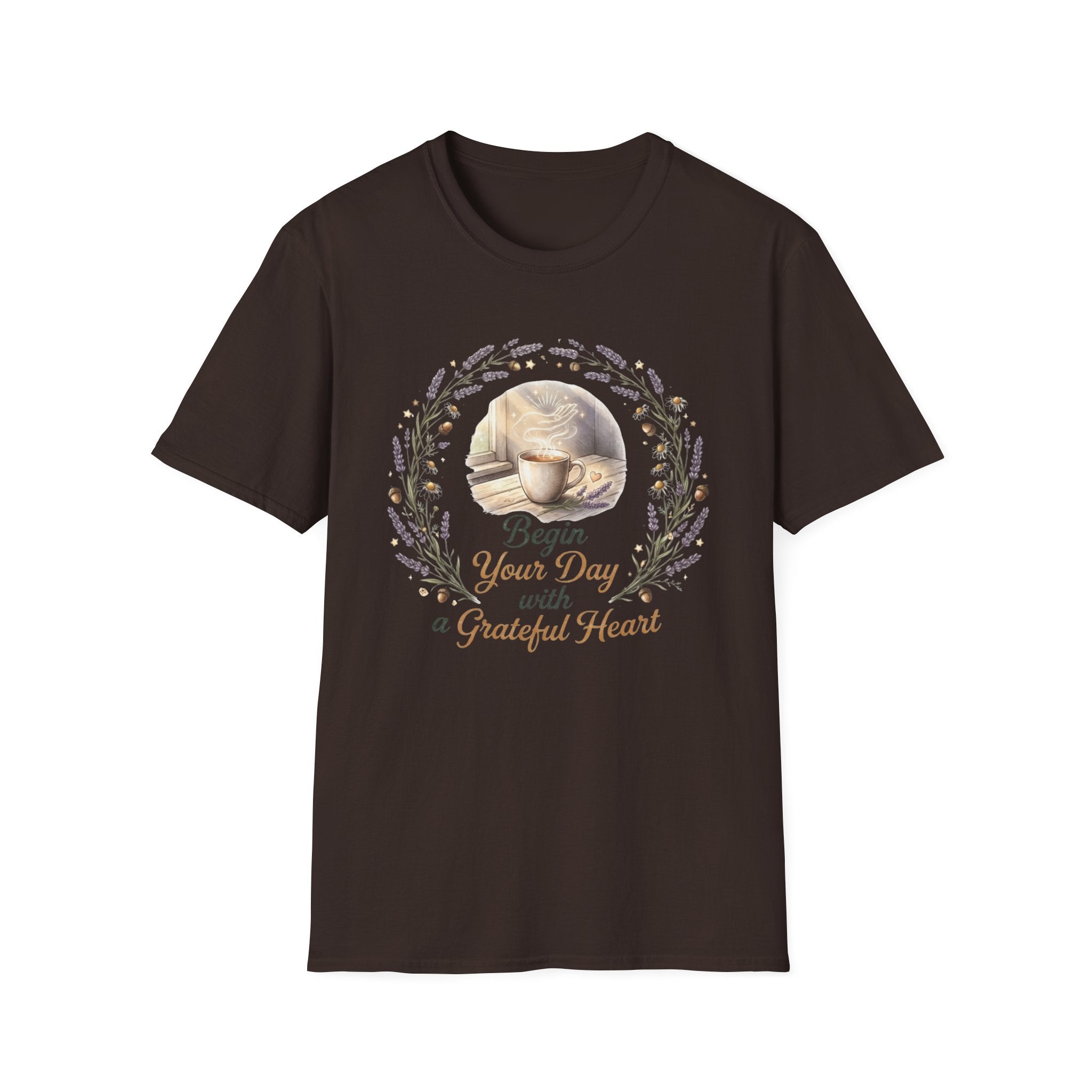 Begin Your Day With A Grateful Heart T-Shirt — Lavender Acorns (98)
