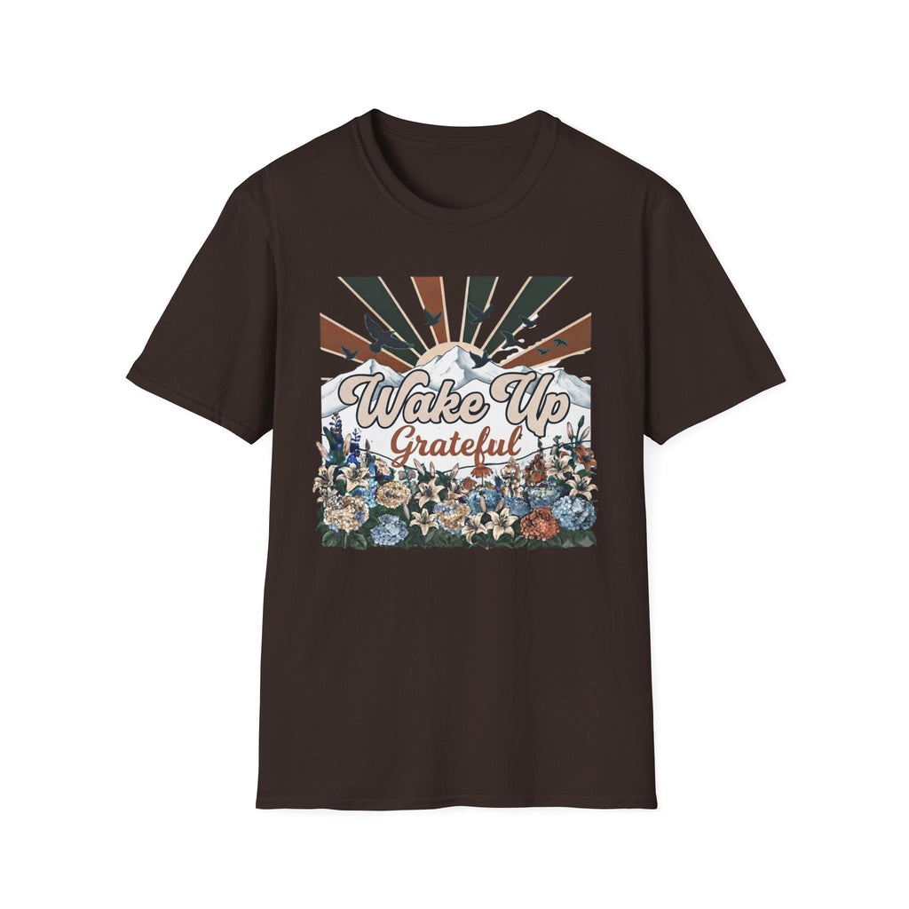 Wake Up Grateful T-Shirt — Birds Sun Mountain (86)