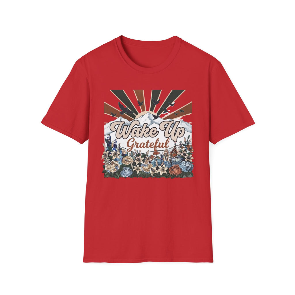 Wake Up Grateful T-Shirt — Birds Sun Mountain (86)