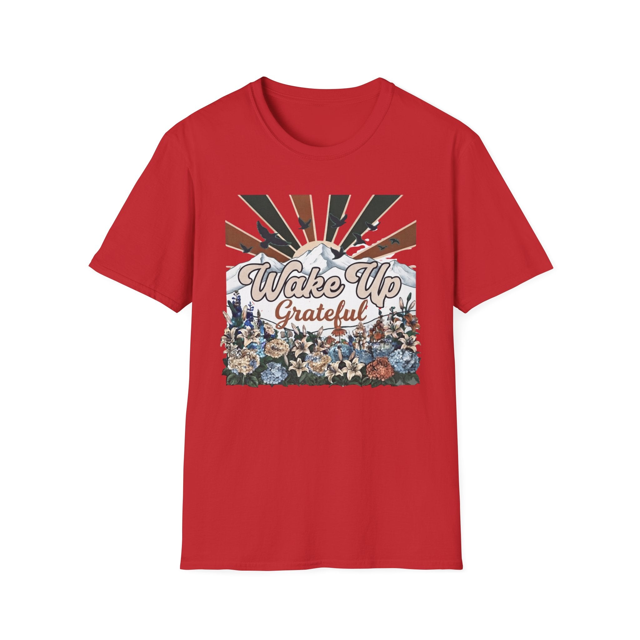 Wake Up Grateful T-Shirt — Birds Sun Mountain (86)