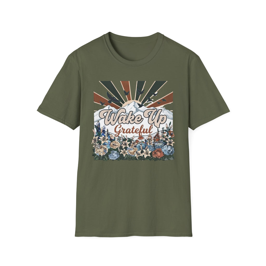 Wake Up Grateful T-Shirt — Birds Sun Mountain (86)