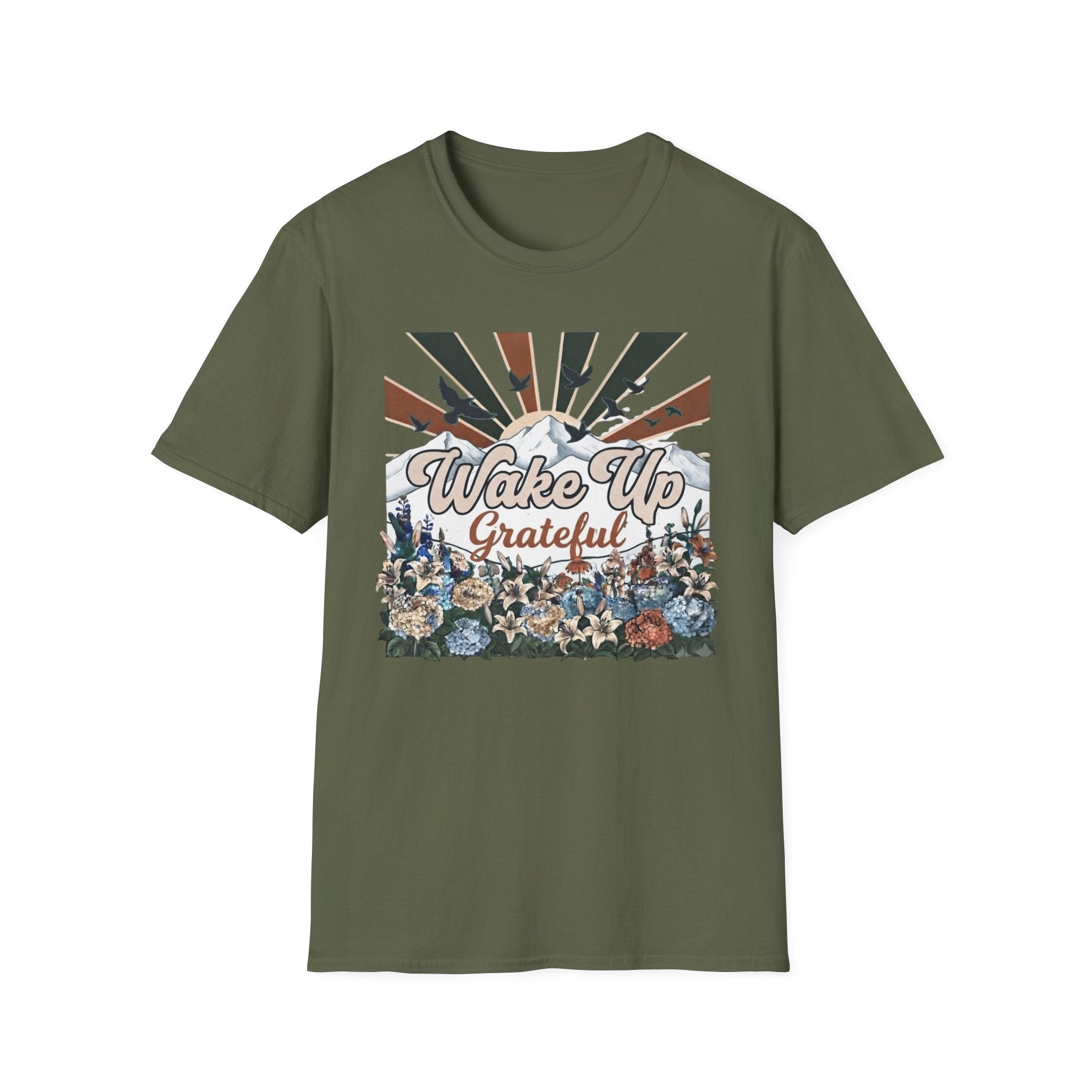 Wake Up Grateful T-Shirt — Birds Sun Mountain (86)