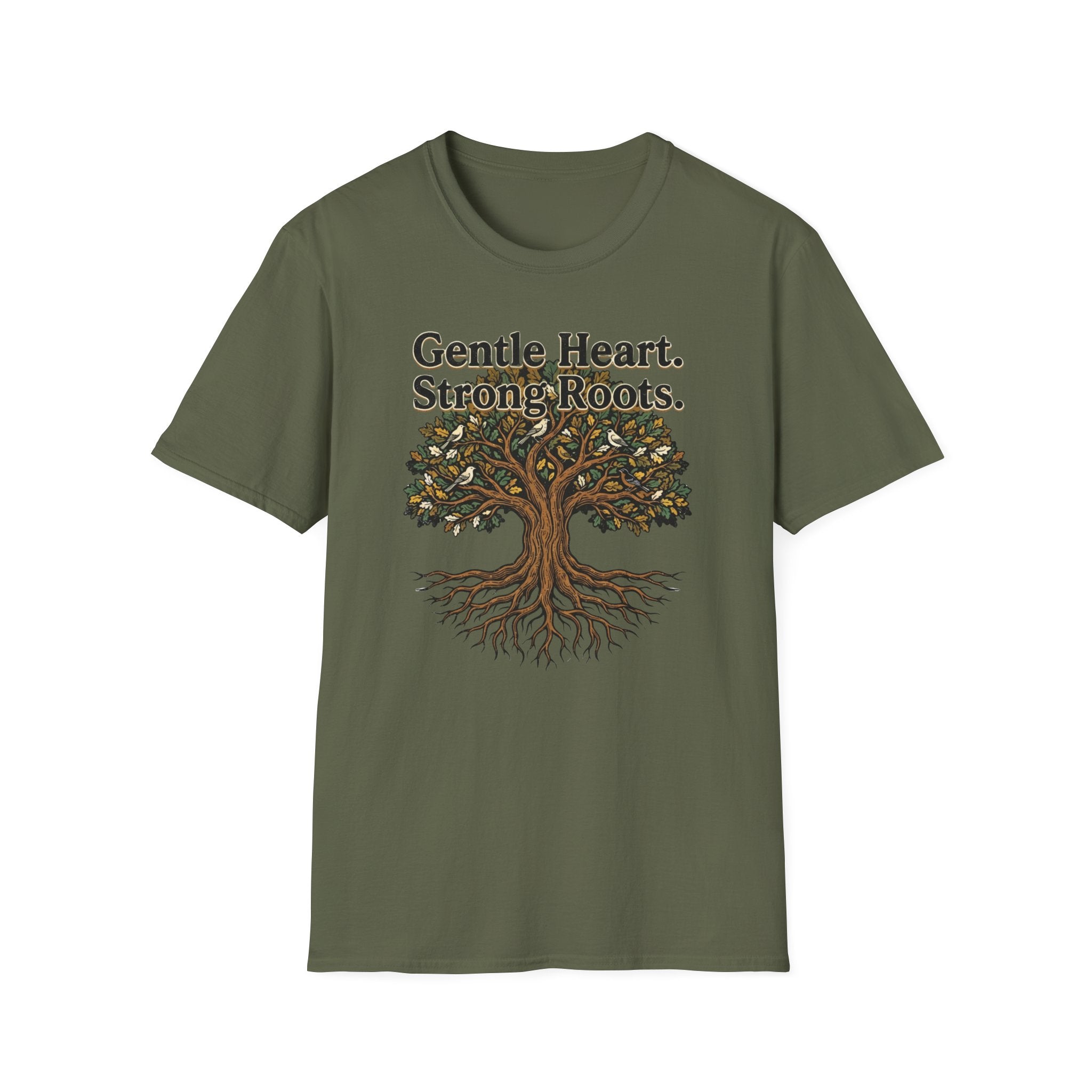 Gentle Hearts Strong Roots T-Shirt — Birds Tree Roots (95)