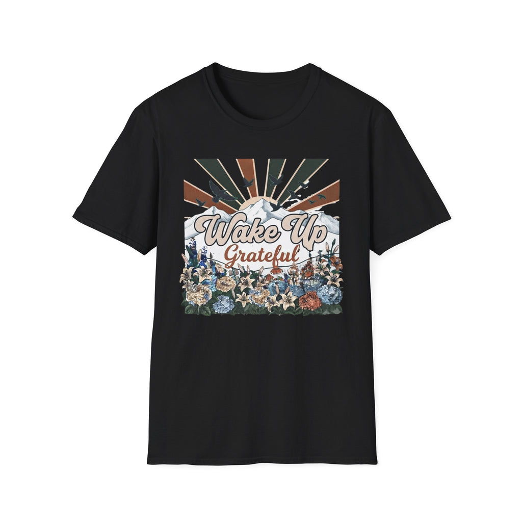 Wake Up Grateful T-Shirt — Birds Sun Mountain (86)