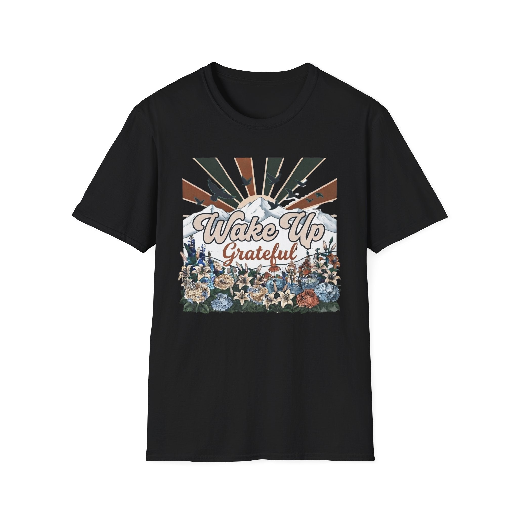 Wake Up Grateful T-Shirt — Birds Sun Mountain (86)