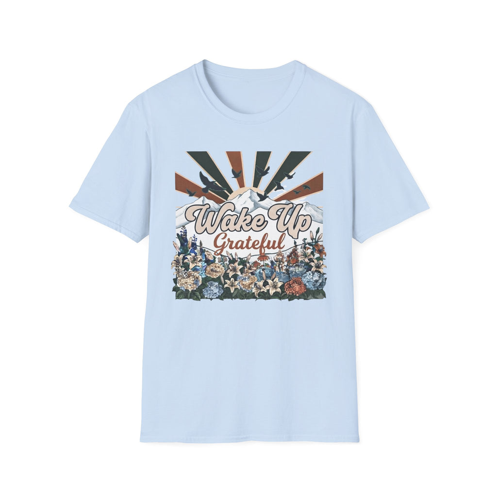 Wake Up Grateful T-Shirt — Birds Sun Mountain (86)