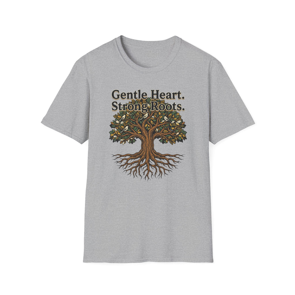 Gentle Hearts Strong Roots T-Shirt — Birds Tree Roots (95)
