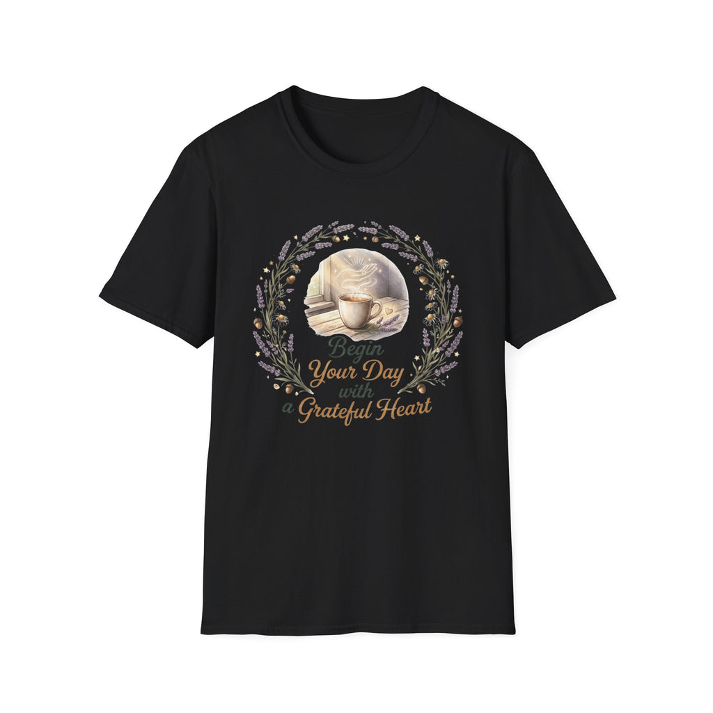 Begin Your Day With A Grateful Heart T-Shirt — Lavender Acorns (98)