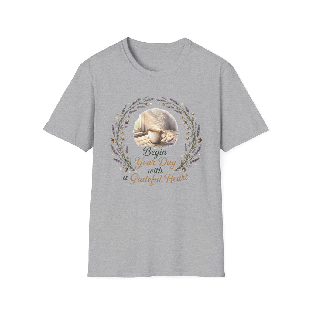 Begin Your Day With A Grateful Heart T-Shirt — Lavender Acorns (98)