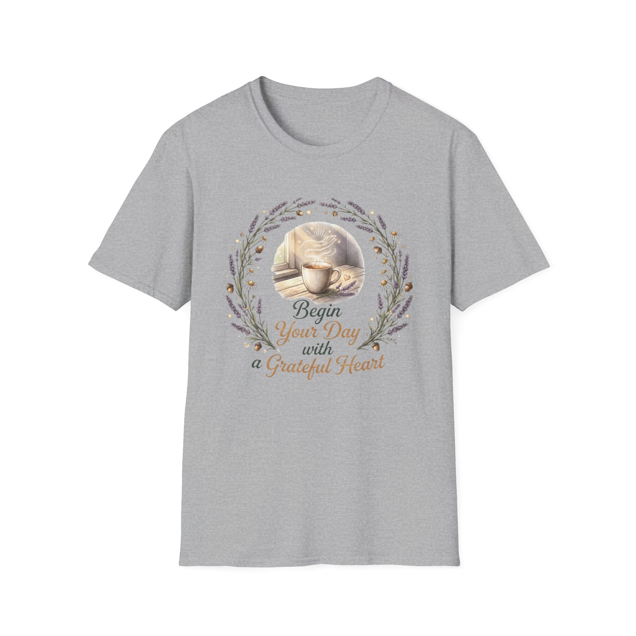 Begin Your Day With A Grateful Heart T-Shirt — Lavender Acorns (98)