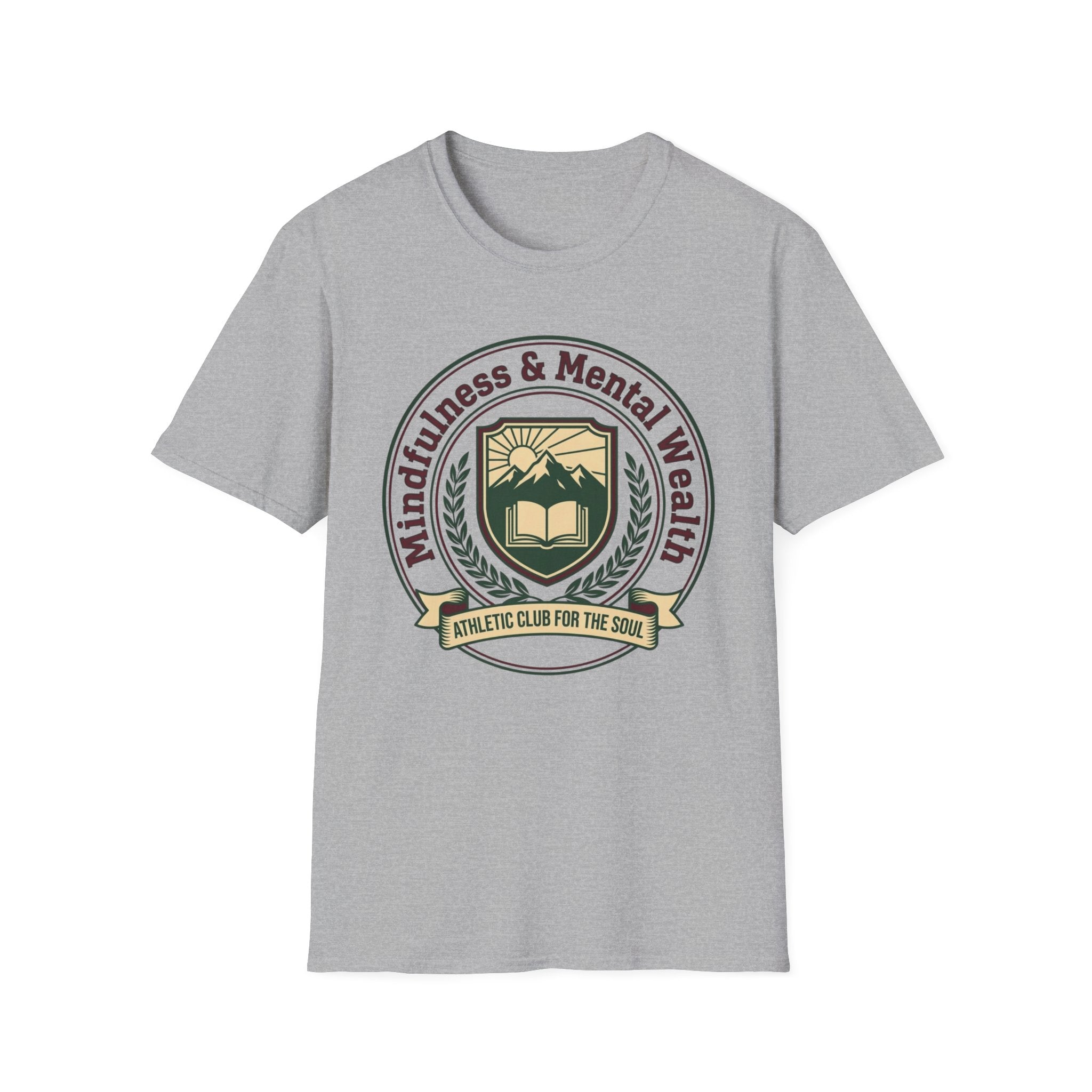 Mindfulness Mental Wealth T-Shirt — Crest Sun Mountain & Book (8)